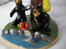 Load image into Gallery viewer, Lynn Bailey Folk Art Potter Two Bears with Baby in Tree Stump with Cardinal Bee Hive Figure
