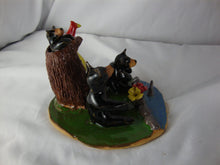 Load image into Gallery viewer, Lynn Bailey Folk Art Potter Two Bears with Baby in Tree Stump with Cardinal Bee Hive Figure

