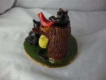 Load image into Gallery viewer, Lynn Bailey Folk Art Potter Two Bears with Baby in Tree Stump with Cardinal Bee Hive Figure
