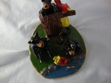 Load image into Gallery viewer, Lynn Bailey Folk Art Potter Two Bears with Baby in Tree Stump with Cardinal Bee Hive Figure
