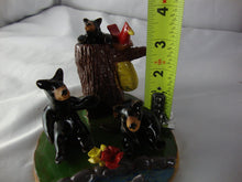Load image into Gallery viewer, Lynn Bailey Folk Art Potter Two Bears with Baby in Tree Stump with Cardinal Bee Hive Figure
