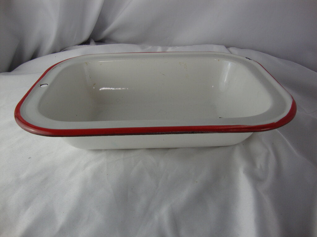 Antique Enamel White with Red Trim Small Baking Dish