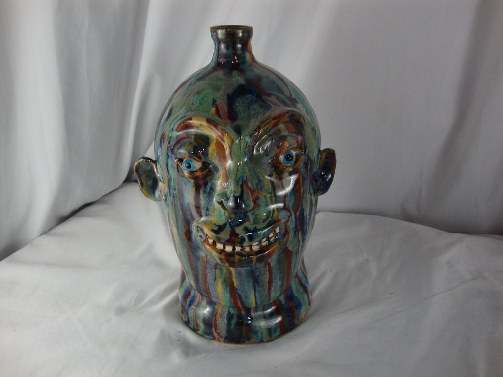 Marvin Bailey Folk Art Potter Multi Streaked 18 Tooth Ugly Face Jug 12 Inch