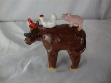Load image into Gallery viewer, Lynn Bailey Pottery Brown Bull Cow Cardinal Hen Pig on Back 5 Inch
