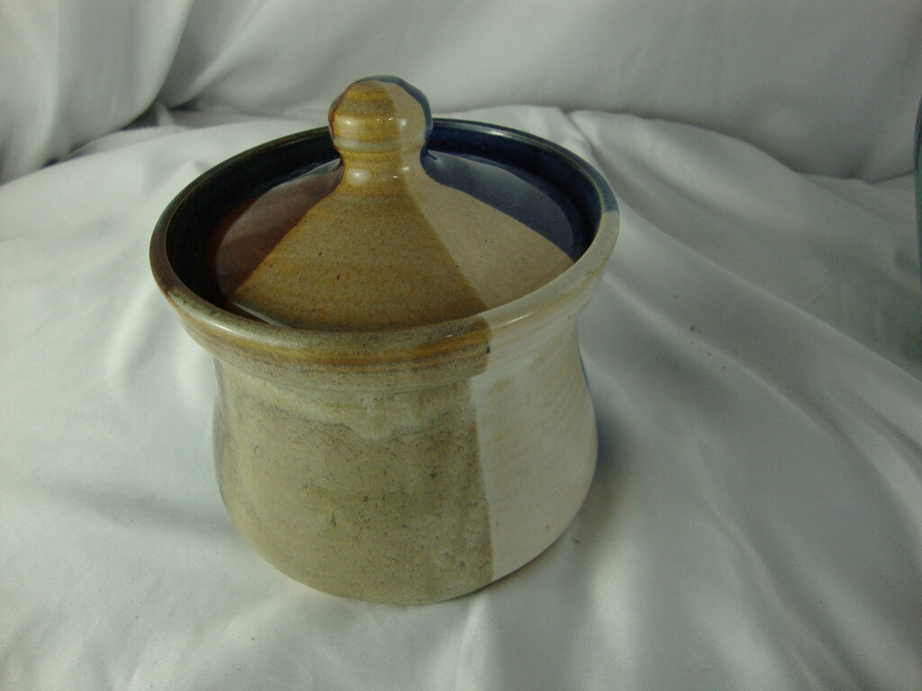 1995 Frogtown Pottery Blue Tan Salt Honey Jar with Lid with Cutout