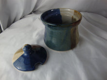 Load image into Gallery viewer, 1995 Frogtown Pottery Blue Tan Salt Honey Jar with Lid with Cutout
