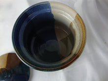 Load image into Gallery viewer, 1995 Frogtown Pottery Blue Tan Salt Honey Jar with Lid with Cutout
