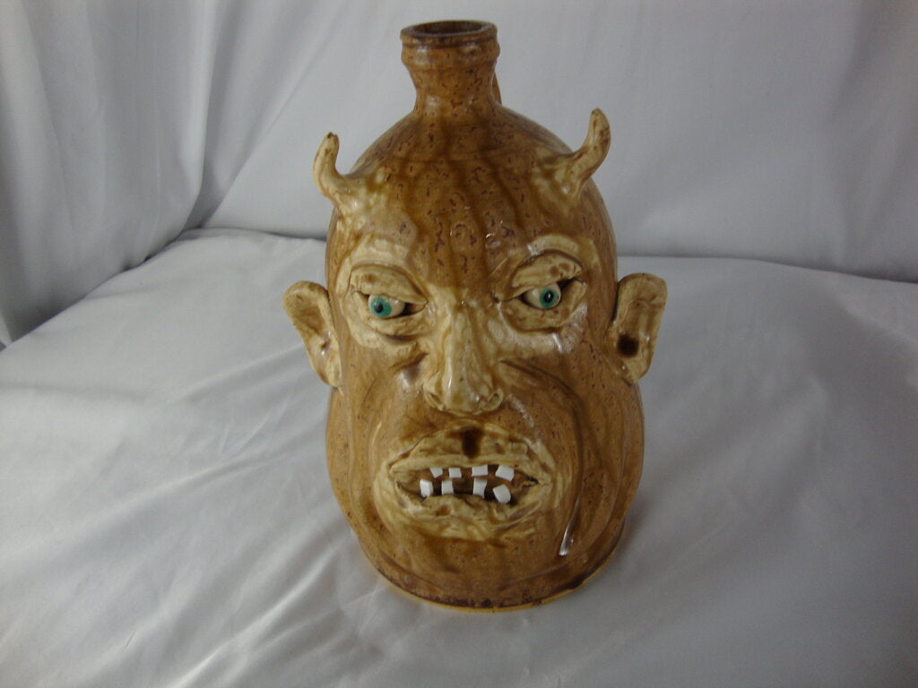 Marvin Bailey Folk Art Potter Alkaline Glaze Tan 9 Inch Devil Ugly Face Jug
