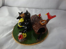 Load image into Gallery viewer, Lynn Bailey Folk Art Potter Two Bears with Baby in Tree Stump End with Cardinals with Nest Figure
