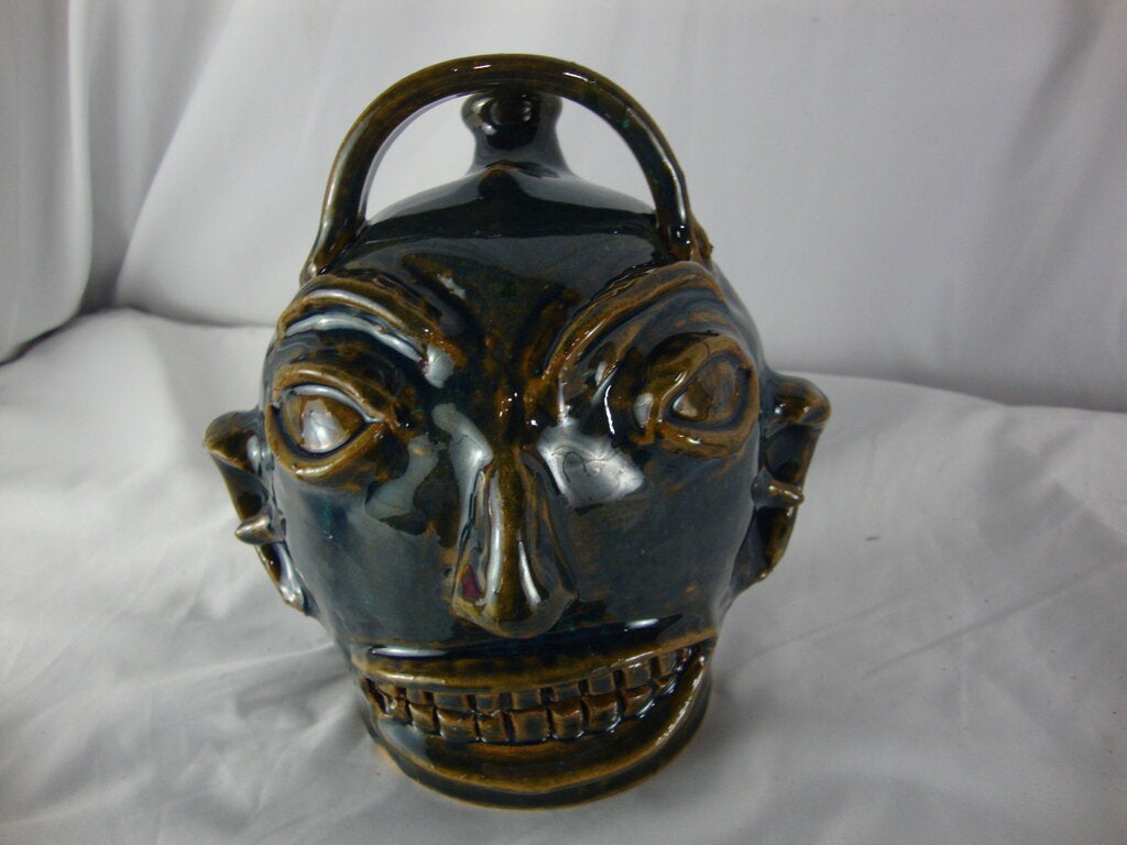 Marvin Bailey Folk Art Pottery Blue Green Top Handle Back Spout 7 Inch Ugly Face Jug
