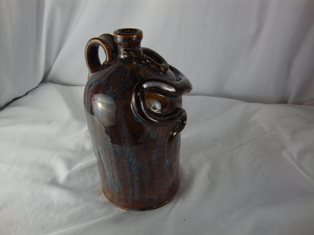 Marvin Bailey Folk Art Pottery Brown Blue Brown Snake Face Jug 9 Inch