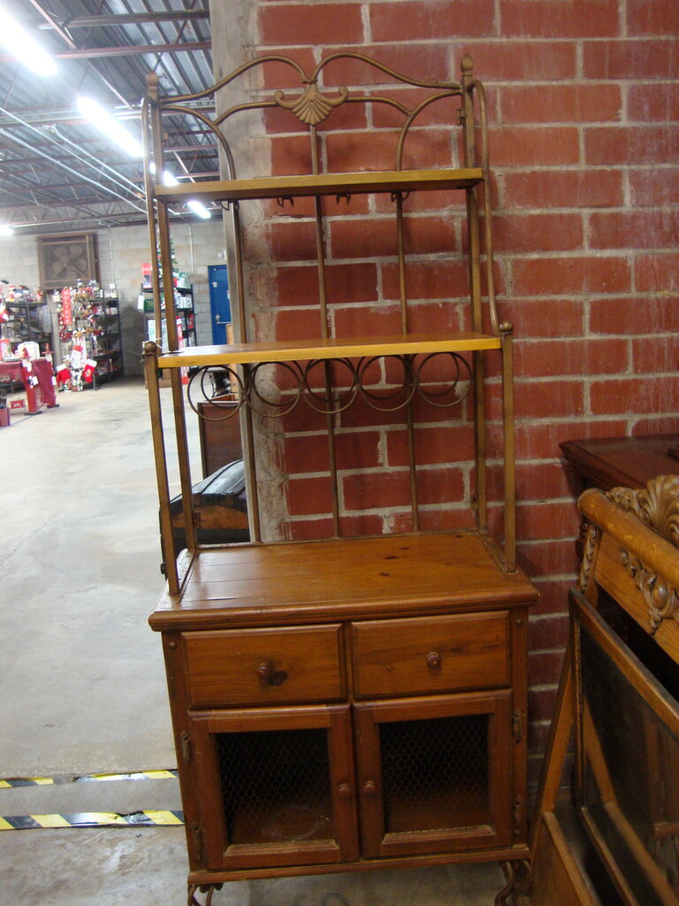 Vintage Country Pine Bakers Rack with Wine and Glass Racks