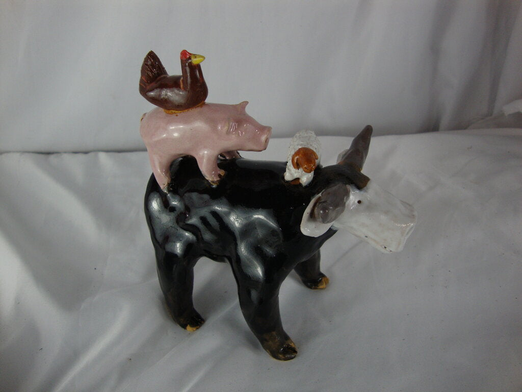 Lynn Bailey Pottery Black Bull Cow Pig Hen on Back Lamb on Neck 6 Inch