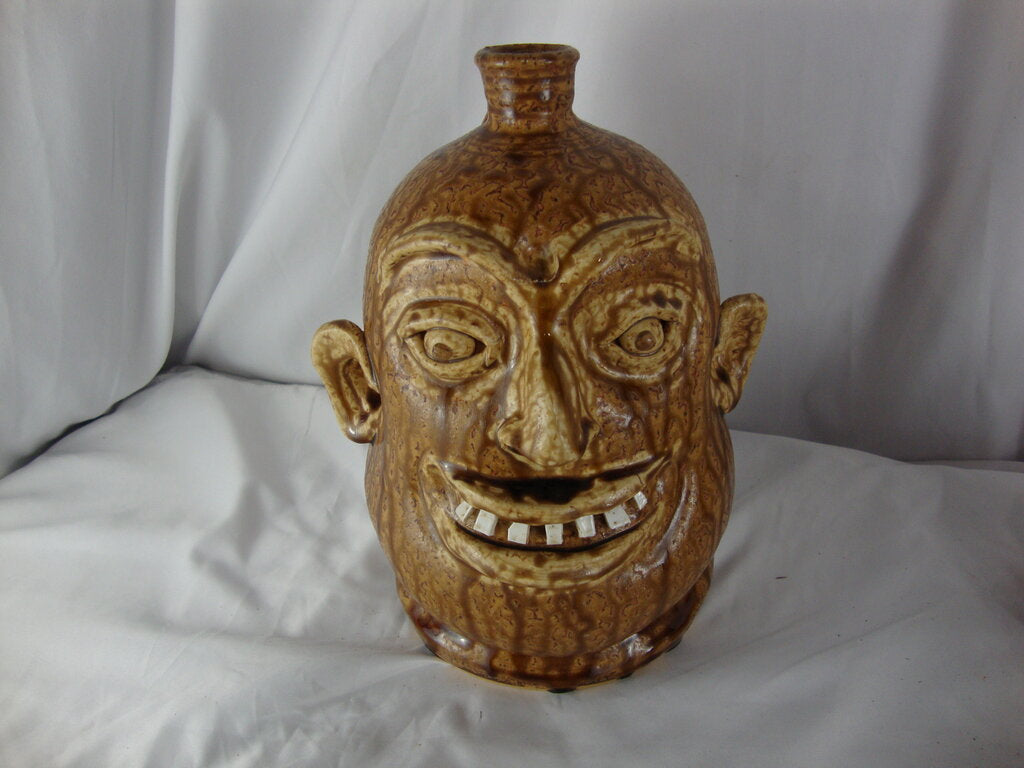 Marvin Bailey Folk Art Potter Alkaline Glaze Tan 10 Inch Ugly Face Jug