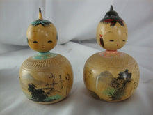 Load image into Gallery viewer, Vintage Japan Kokeshi Wood Bobble Head Dolls Set of 2
