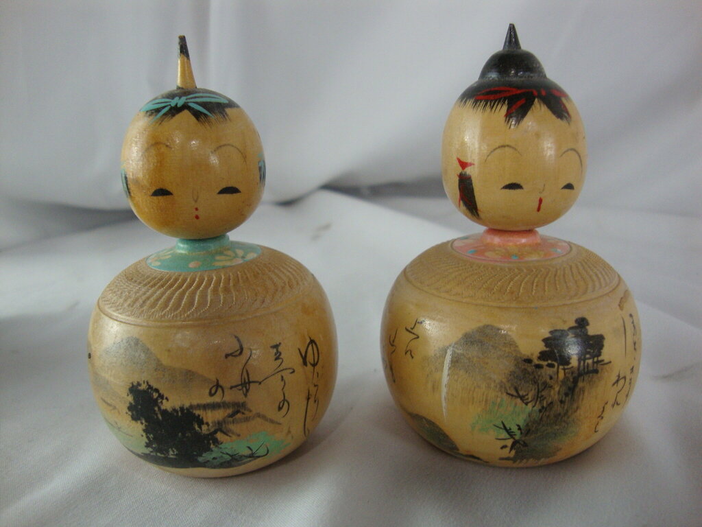 Vintage Japan Kokeshi Wood Bobble Head Dolls Set of 2
