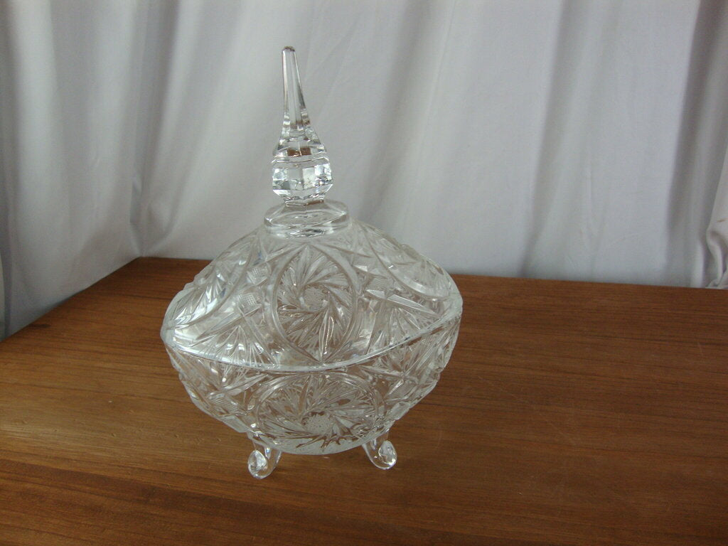 Vintage Crystal Oval Pinwheel Footed Lidded Candy Dish