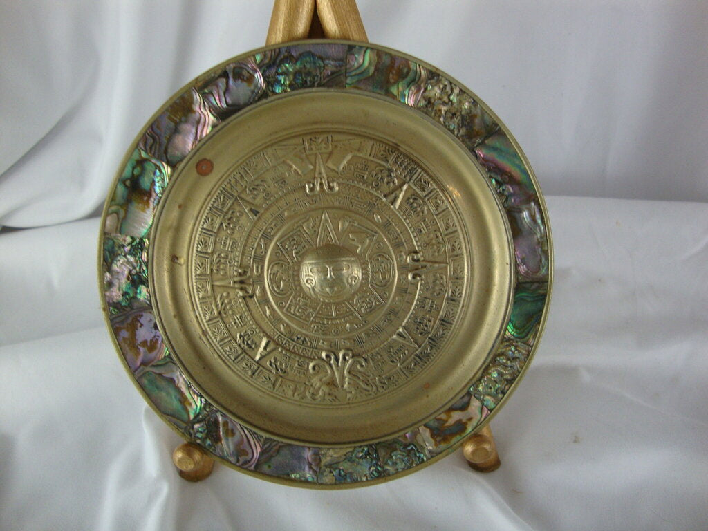 Vintage Alpaca Mexico Mayan Aztec Calendar Wall Plate with Abalone Shell Edge Trim