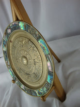 Load image into Gallery viewer, Vintage Alpaca Mexico Mayan Aztec Calendar Wall Plate with Abalone Shell Edge Trim
