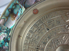 Load image into Gallery viewer, Vintage Alpaca Mexico Mayan Aztec Calendar Wall Plate with Abalone Shell Edge Trim
