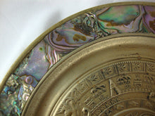 Load image into Gallery viewer, Vintage Alpaca Mexico Mayan Aztec Calendar Wall Plate with Abalone Shell Edge Trim
