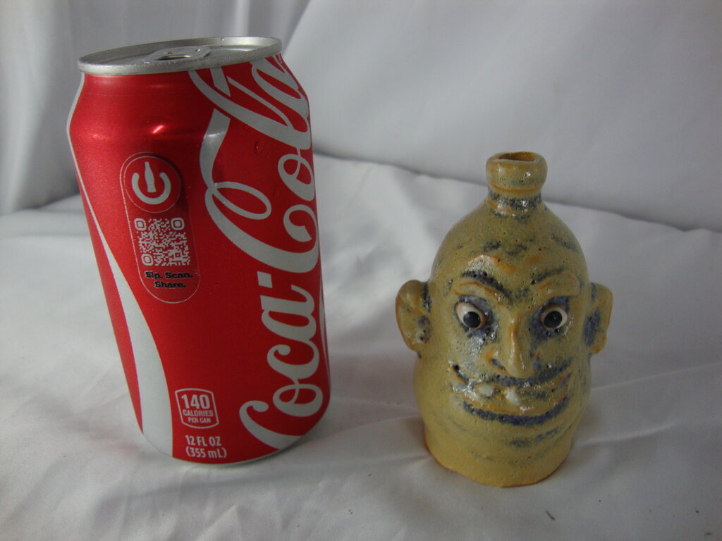 Marvin Bailey Folk Art Pottery Mini Cream Blue 2 Tooth Ugly Jug 3 3/4