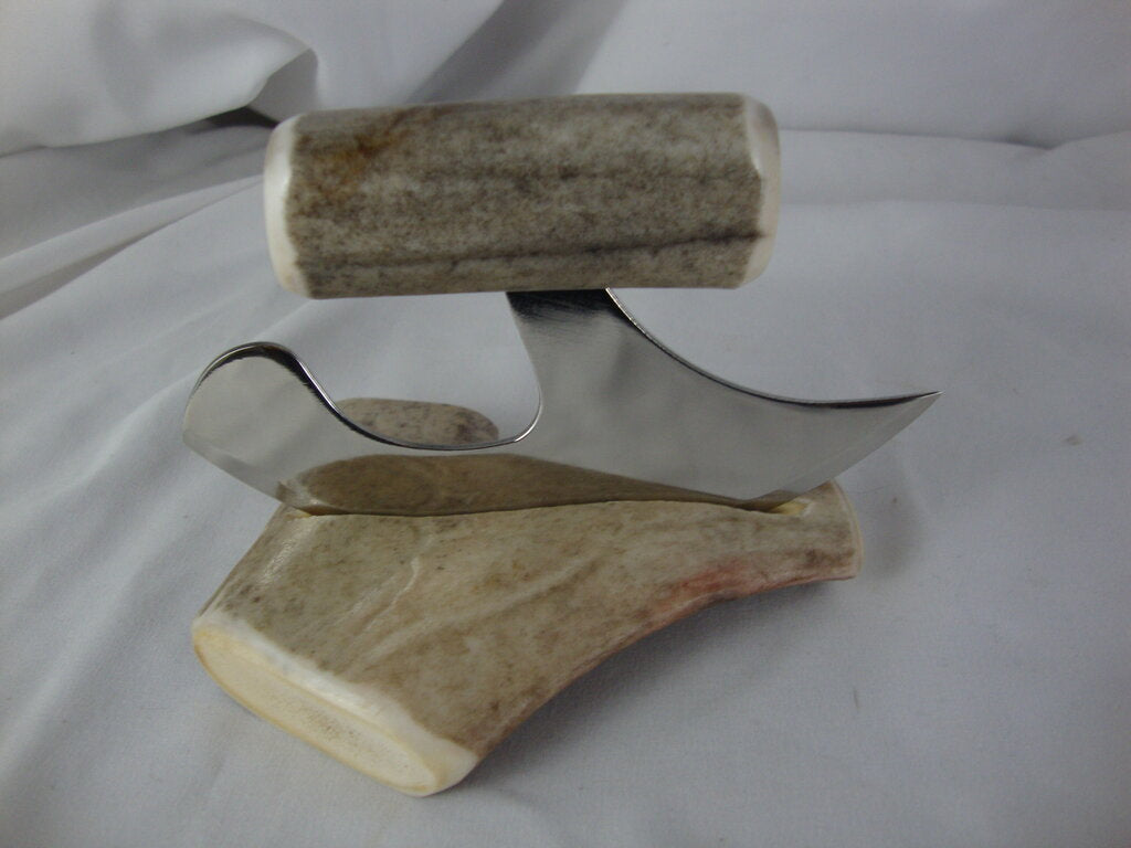 Alaska Legend Ulu Utility Knife Cutting Tool with Antler Cream/Gray Handle with Large Cream Irregular Base