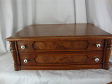 Load image into Gallery viewer, Antique Spool Cabinet 2 Drawer Burl Veneer &amp; Carved Floral Drawers

