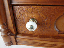 Load image into Gallery viewer, Antique Spool Cabinet 2 Drawer Burl Veneer &amp; Carved Floral Drawers

