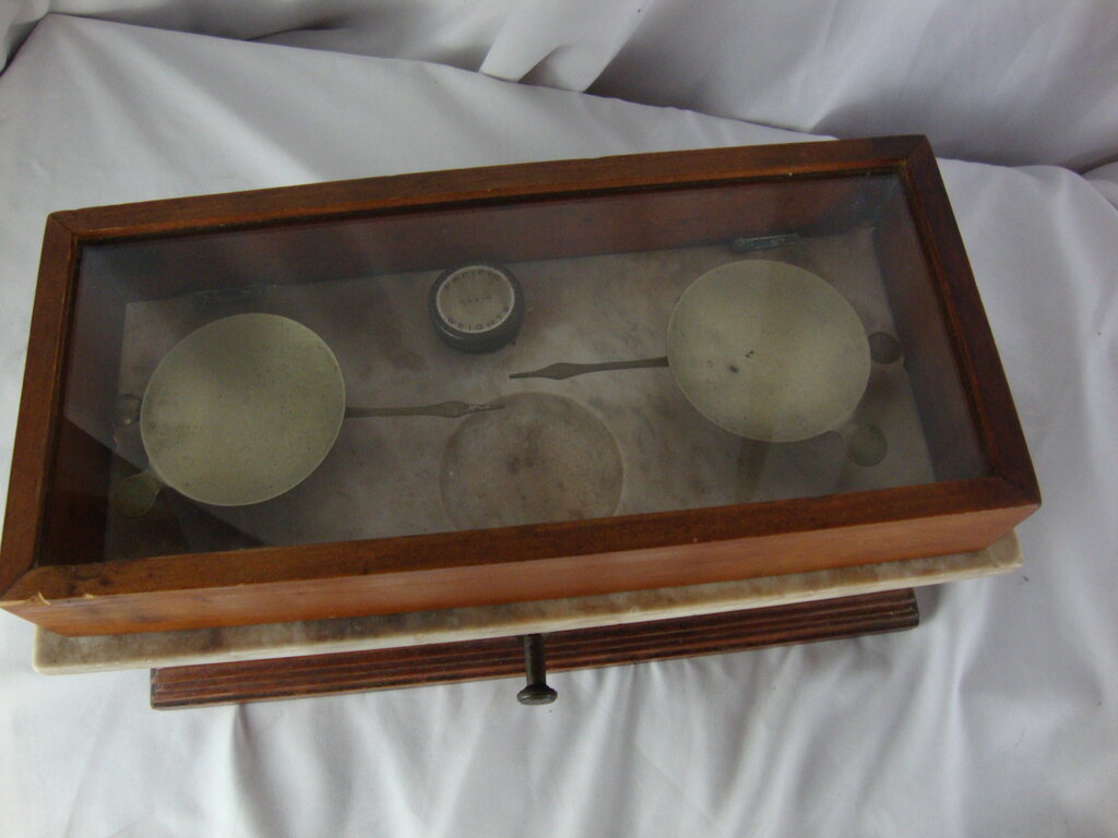 Vintage Wood Marble Top Apothecary Balance Tabletop Scale