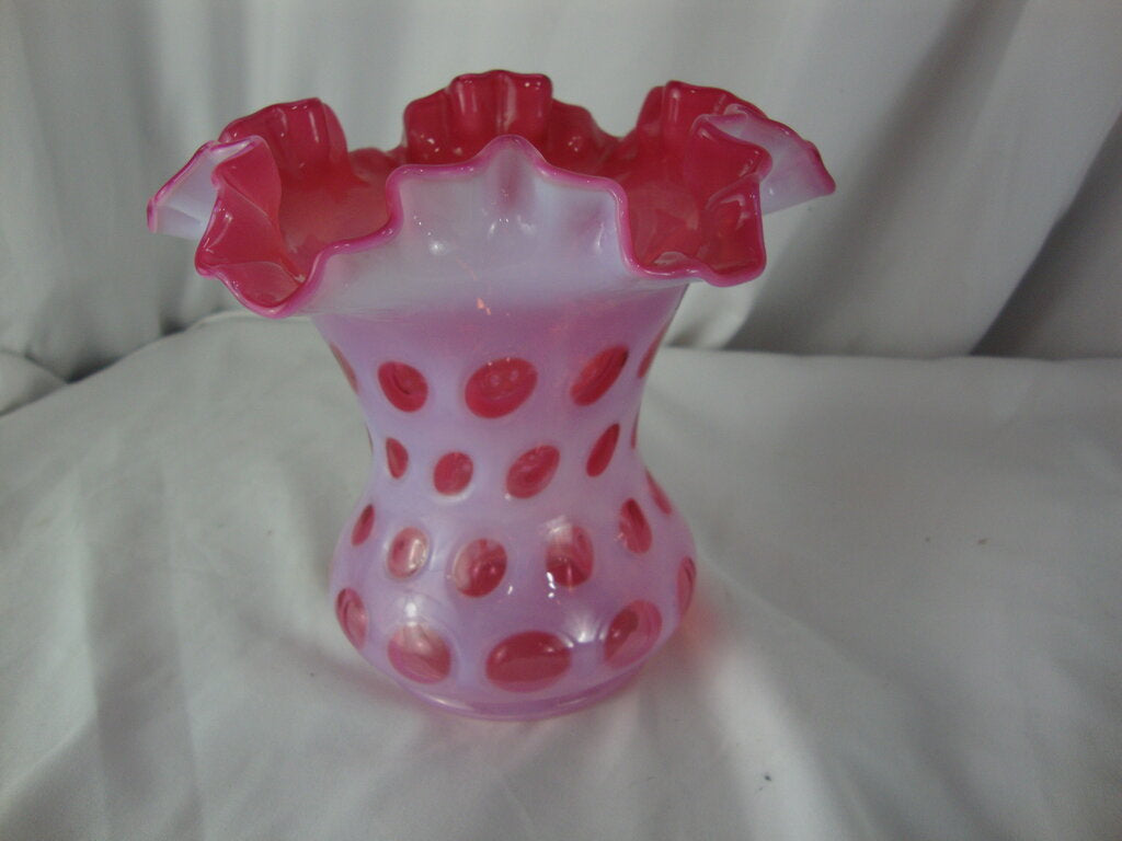 Vintage Fenton Art Glass Cranberry Coin Dot Ruffled Crimped Vase