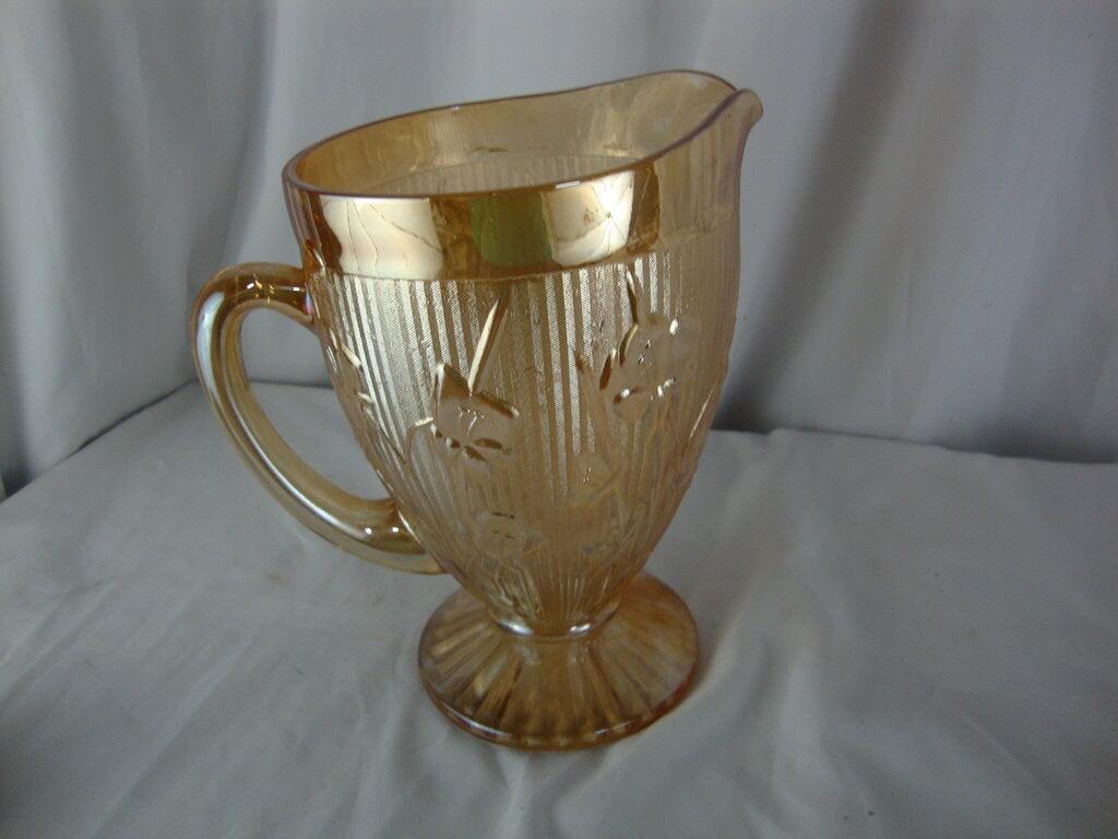 Vintage Jeannette Glass Iris Herringbone Marigold Pedestal Pitcher