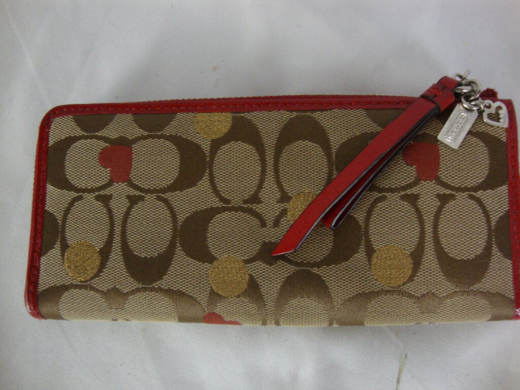 Coach Poppy Brown Burgundy Heart Zipper Wallet