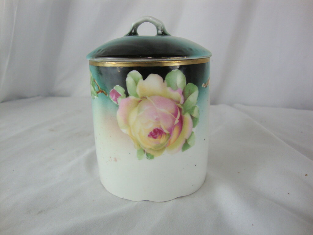 Vintage Germany 120 Rose Floral Lidded Small Jar with Gold Trim