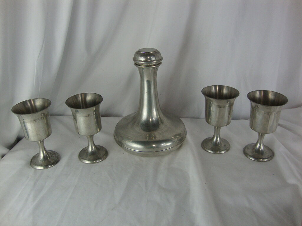 Vintage Jostens Pewter Wine Decanter and Four Goblets Glasses Bar Set