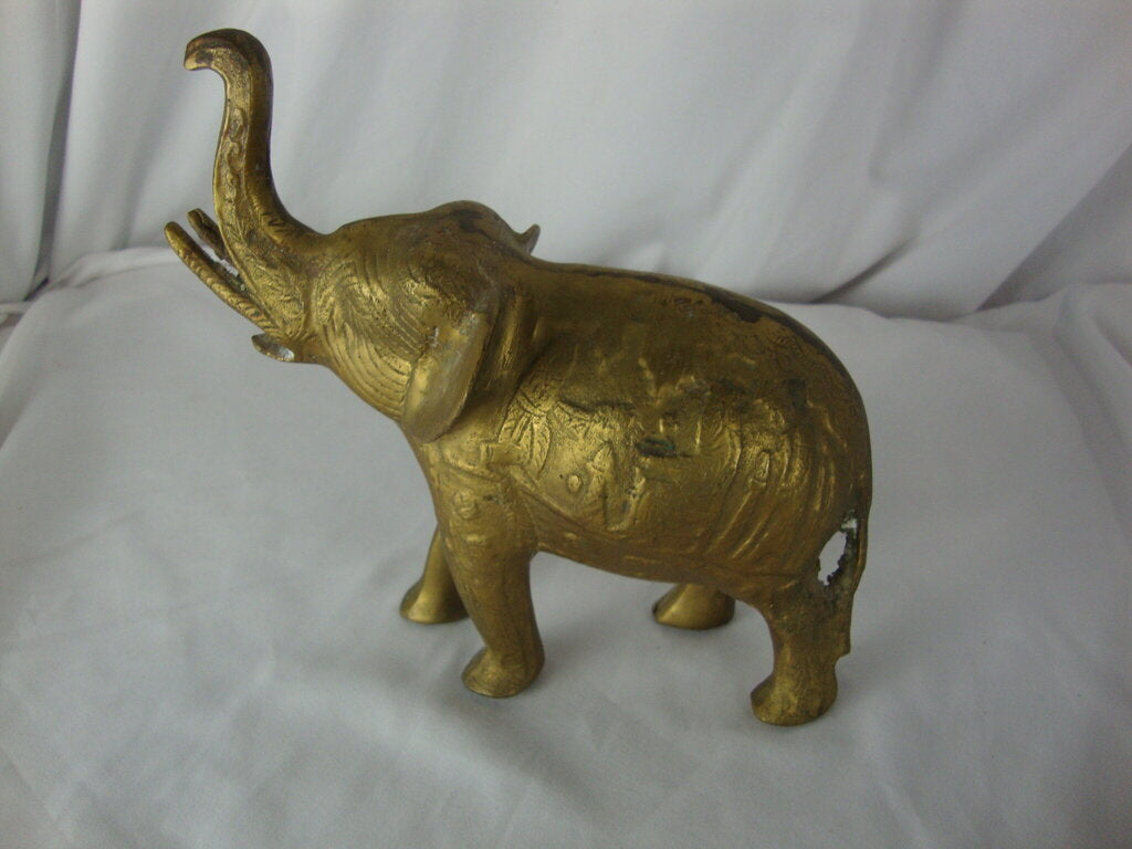 Vintage Solid Brass Trunk Up Textured Body Elephant