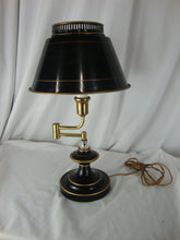 Load image into Gallery viewer, Vintage Black Gold Trim Metal Toleware Extending Arm Electric Table Lamp
