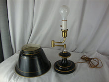 Load image into Gallery viewer, Vintage Black Gold Trim Metal Toleware Extending Arm Electric Table Lamp
