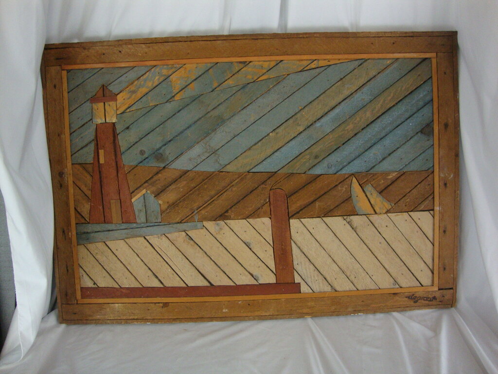 Vintage Theodore DeGroot Wood Lath Nautical The Lighthouse Framed Wall Art