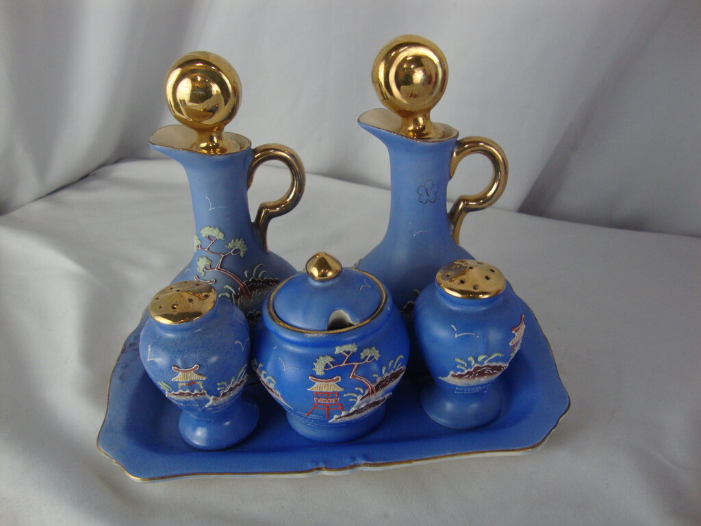 Vintage Hinde Japan Moriage Blue/Gold 6 Piece Condiment Table Set