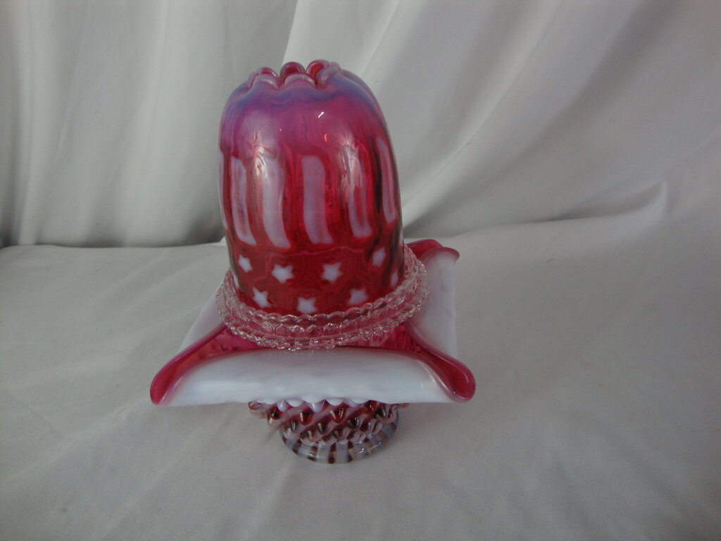 Vintage Fenton Cranberry Stars Stripes Hobnail Base 3 Piece Fairy Lamp Set
