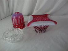 Load image into Gallery viewer, Vintage Fenton Cranberry Stars Stripes Hobnail Base 3 Piece Fairy Lamp Set
