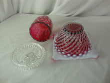 Load image into Gallery viewer, Vintage Fenton Cranberry Stars Stripes Hobnail Base 3 Piece Fairy Lamp Set
