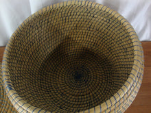 Load image into Gallery viewer, Vintage Coiled Sweetgrass Tan Blue Thread Trim Basket with Lid
