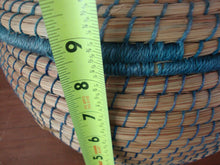 Load image into Gallery viewer, Vintage Coiled Sweetgrass Tan Blue Thread Trim Basket with Lid
