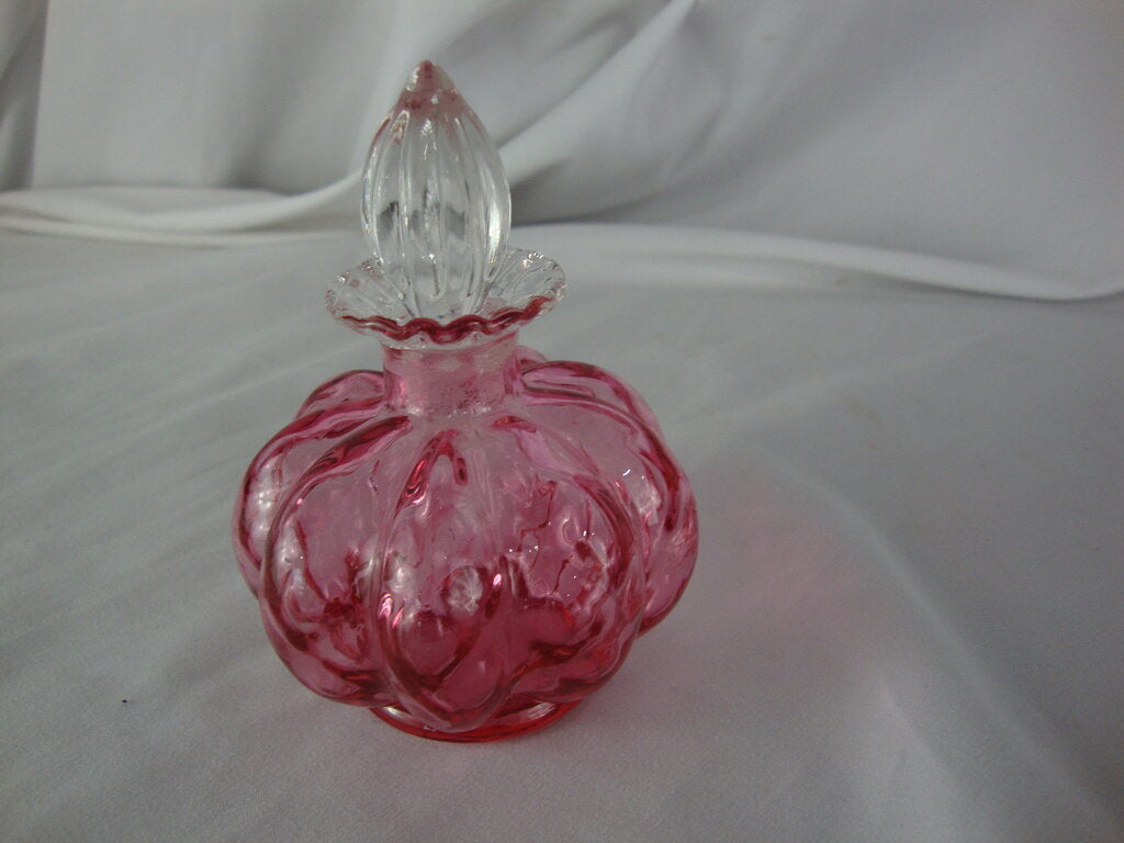 Vintage Fenton Cranberry Melon Diamond Optic Perfume Bottle with Stopper