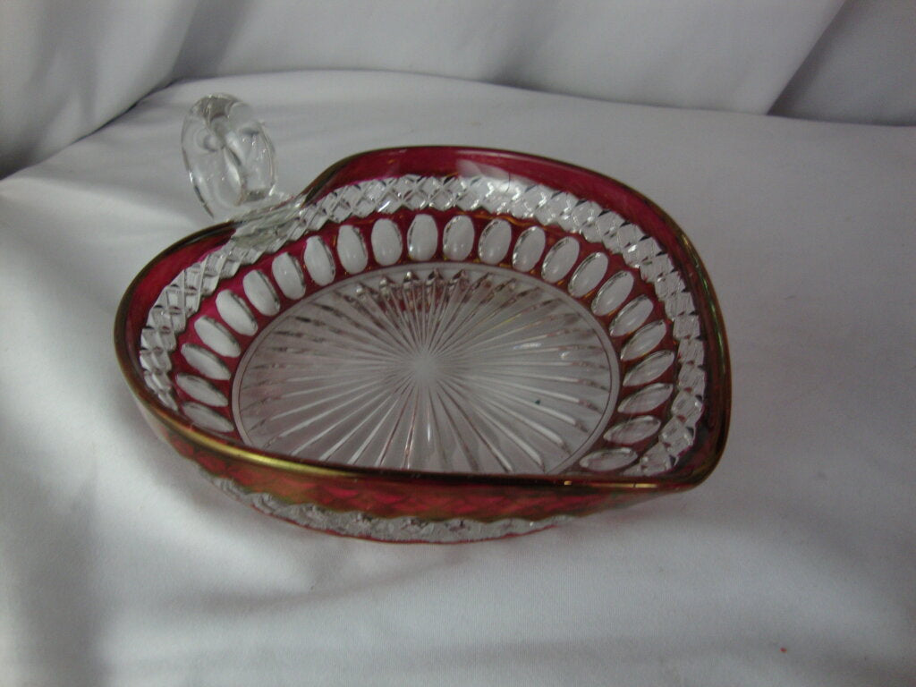 Vintage Westmoreland Ruby Red Clear Flash Heart Candy Trinket Dish with Finger Loop