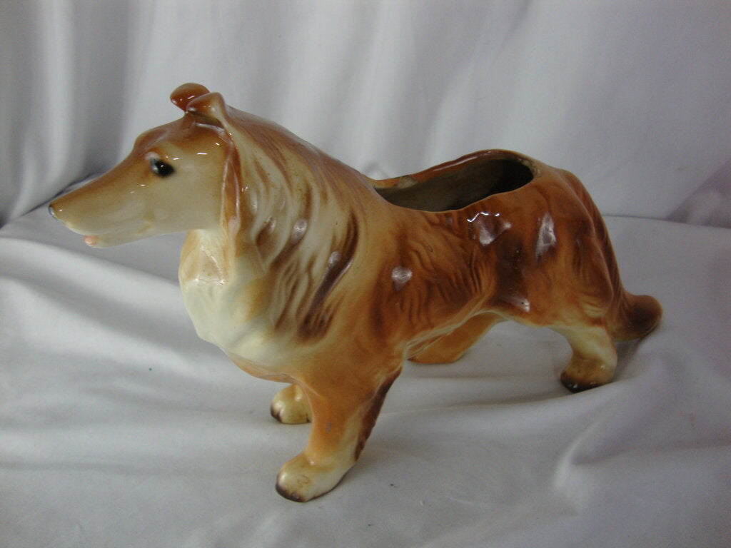 Vintage Ceramic Collie Dog Indoor Planter Imperfect