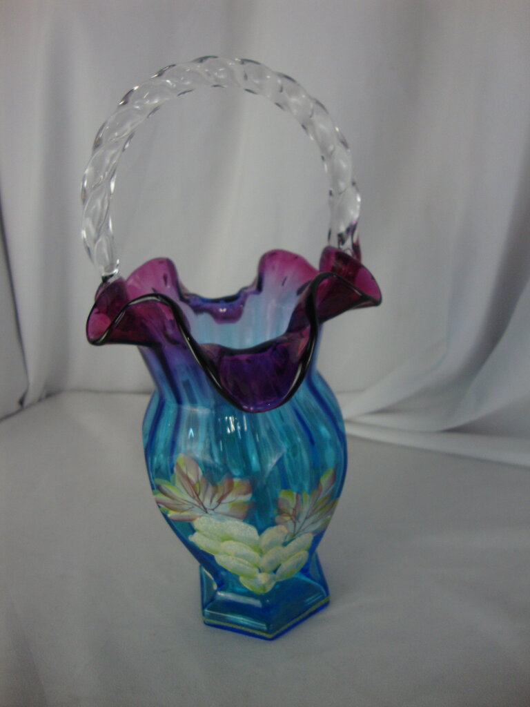 Vintage Fenton Mulberry & Blue Art Glass Handpainted Grapes Leaves Vase With Clear Handle