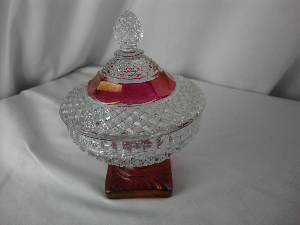 Westmoreland Clear Ruby Red Flash Square Pedestal Short Candy Dish with Lid